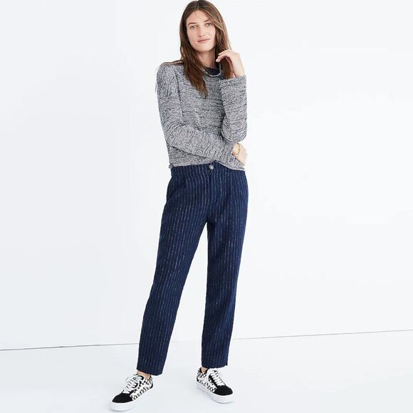MADEWELL Wool Linen Blend Takaroo Pleated Cigarette Pants Sporty Pinstripe Blue - Picture 13 of 13